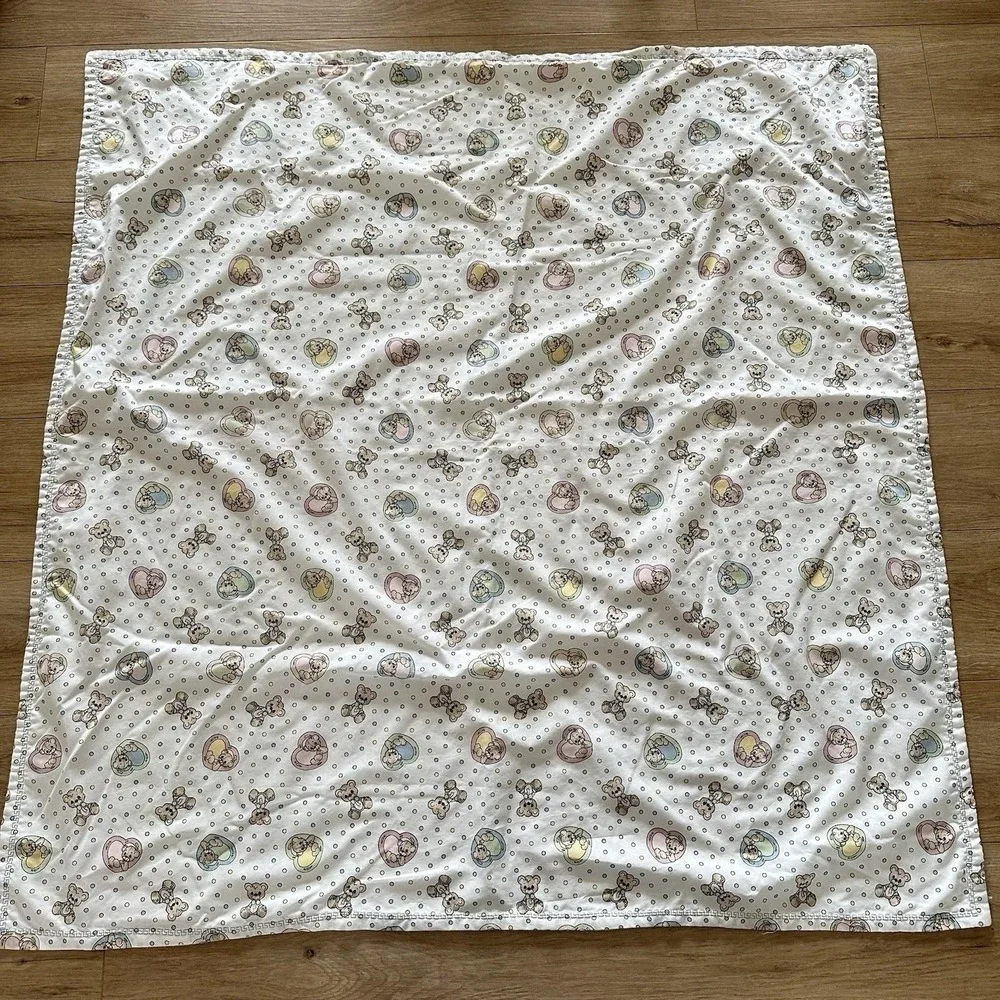 VTG 90s Hand Sewn Precious Moments Flannel Baby Blanket Bears Hearts White 45x44